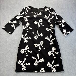 Banana Republic Bow Print Dress Black White 3/4 Sleeve Petite Size 6P Career